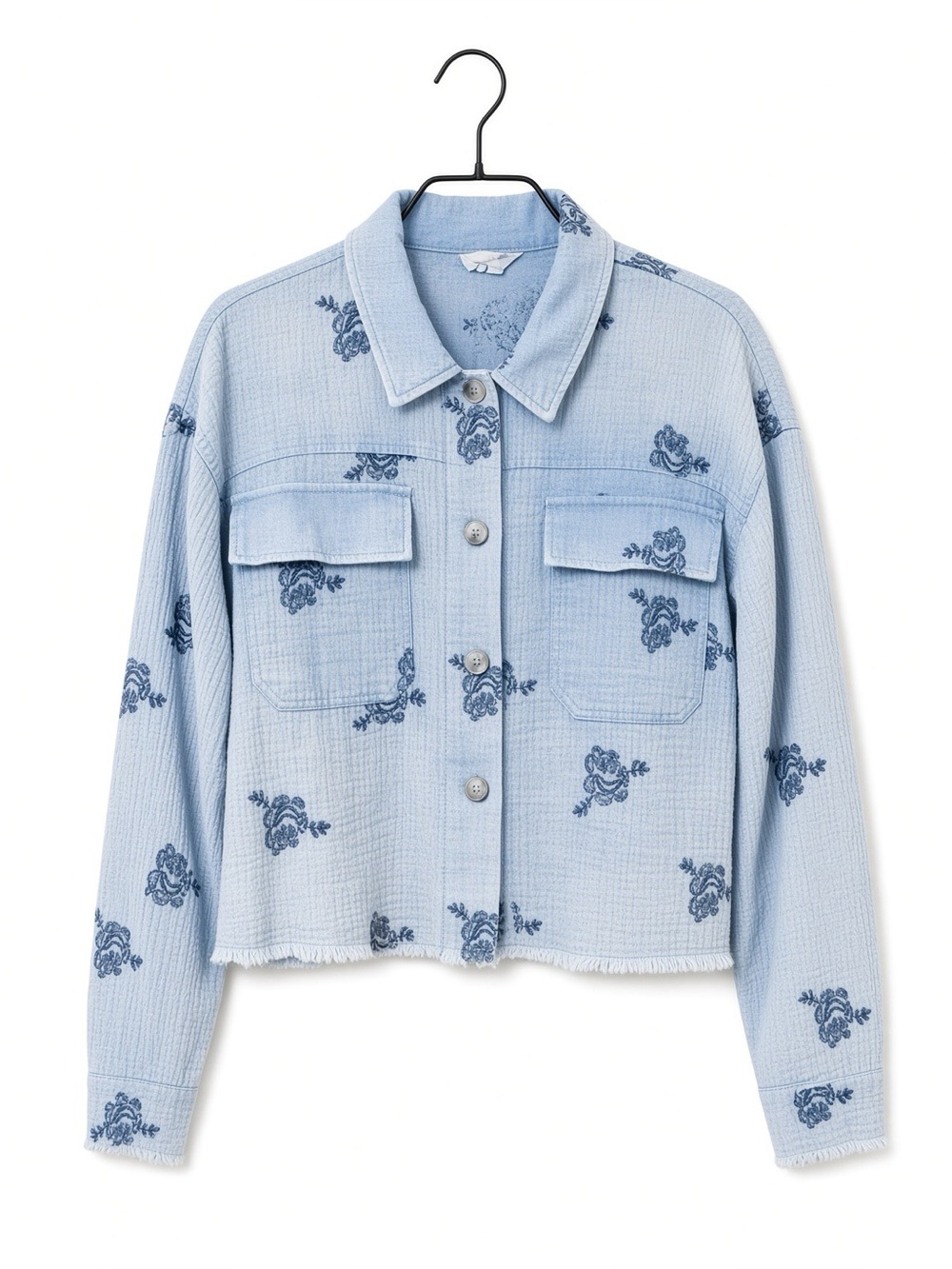 Mystree Double Gauze Shirt Shacket Floral Embroidered Blue Raw Hem Size S